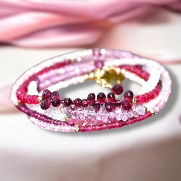 Rubellite Rhodolite Sapphire Necklace Bracelet, 14k Gold Gemstone Wrap 36.3"–37" - Picture 11 of 12